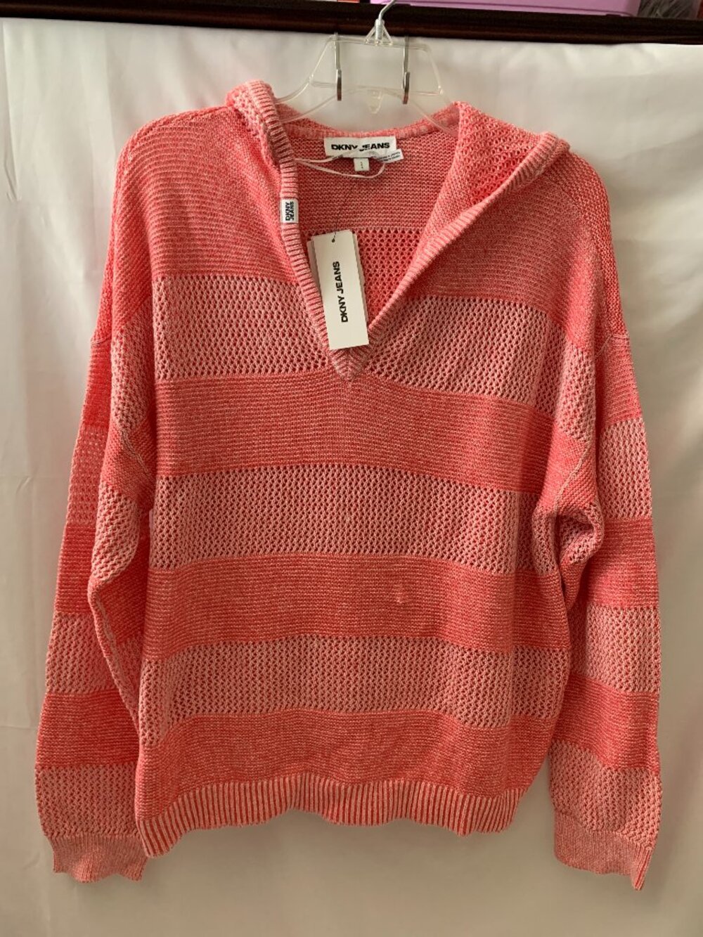 DKNY JEANS Open Weave Knit V-Neck Hoodie Sweater in Sunkissed Coral Sz LARGE